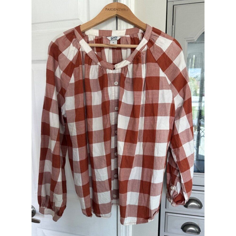 Duluth Women XL Printmaker Orange White Check Lightweight Shirt Organic Cotton